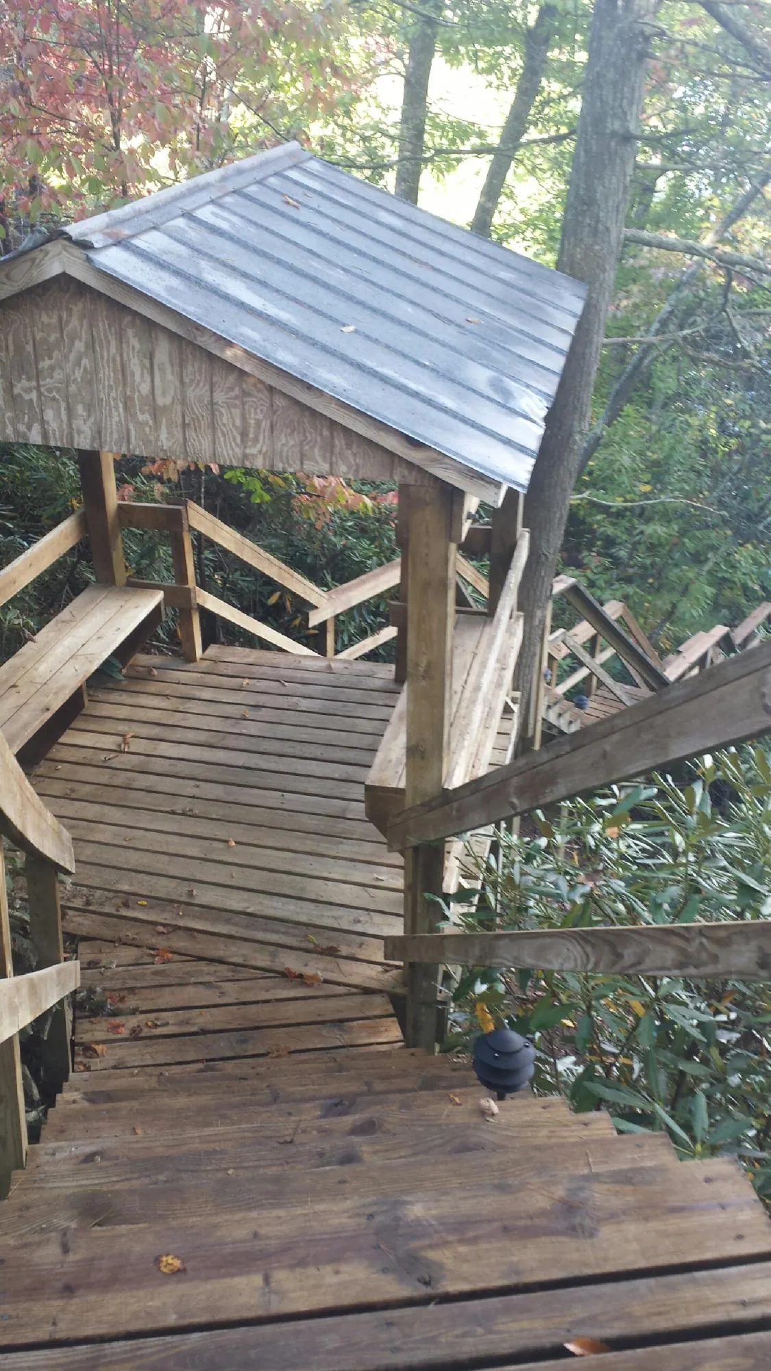 Metal roofed shelter over wooden steps on a wooded walkway — Skylight Repair & Installation work by our crew in Fromberg
